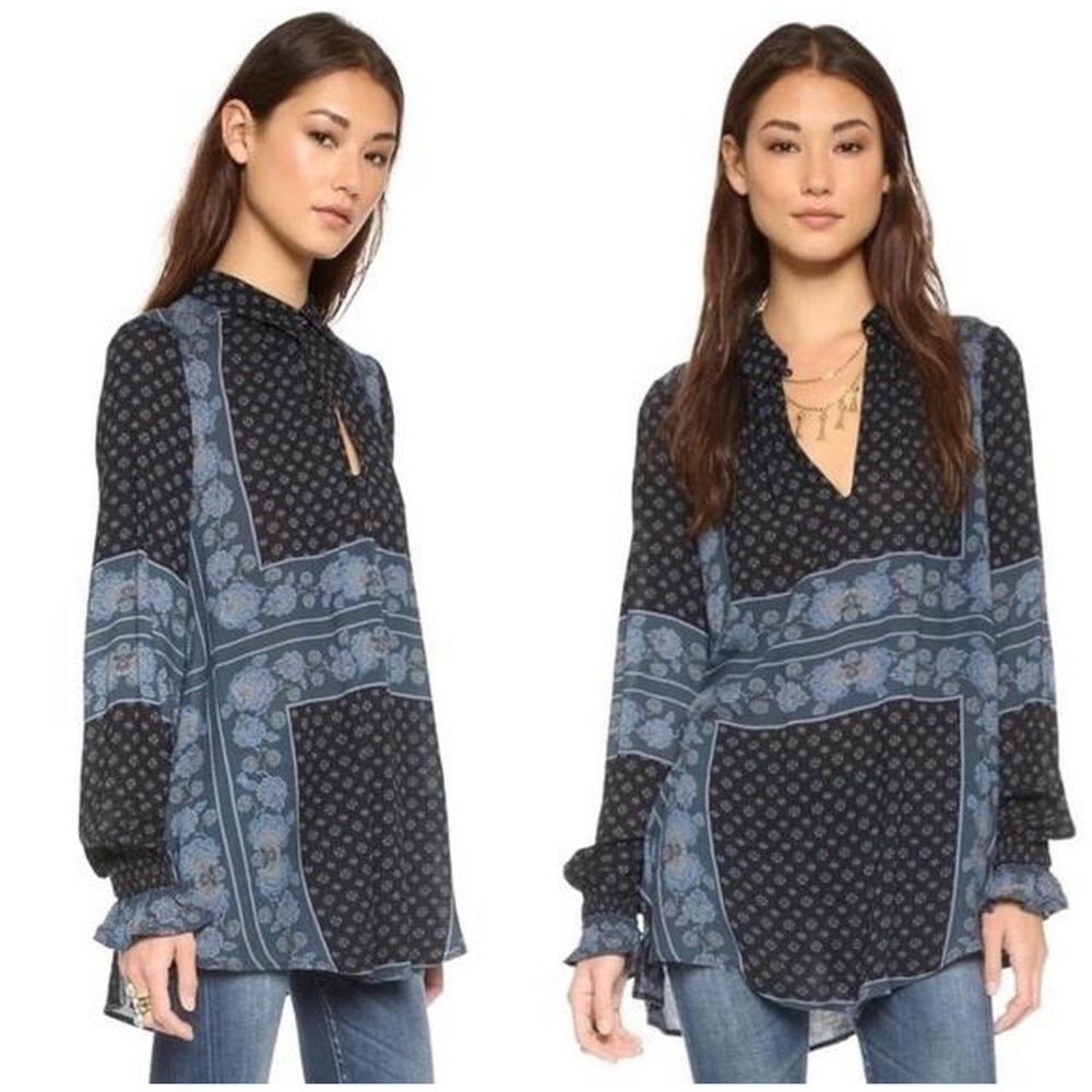 Free People Dobby Changing Times Onyx Combo Blue Tunic Top Sz Small Boho Peasant